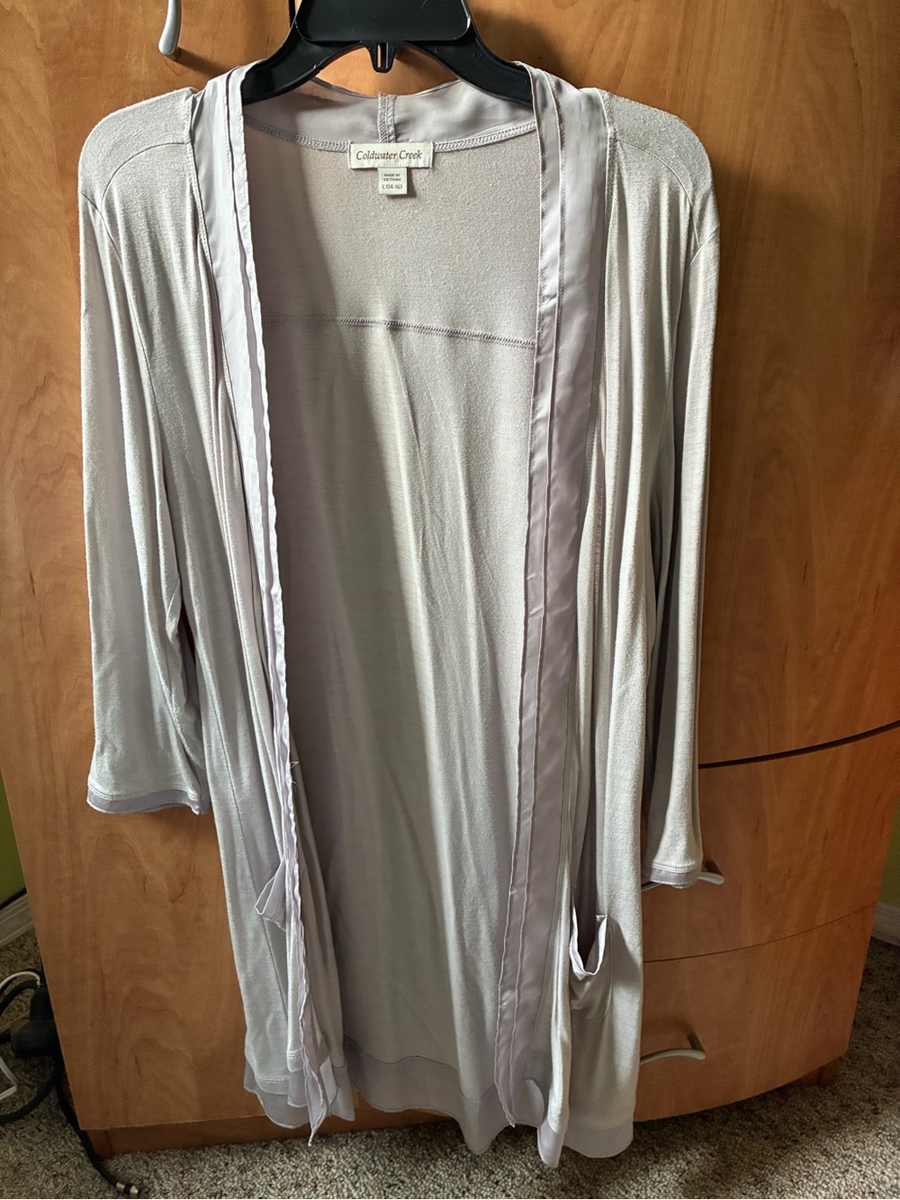 Coldwater Creek Light Gray Satin-Trim Open-Front Robe
